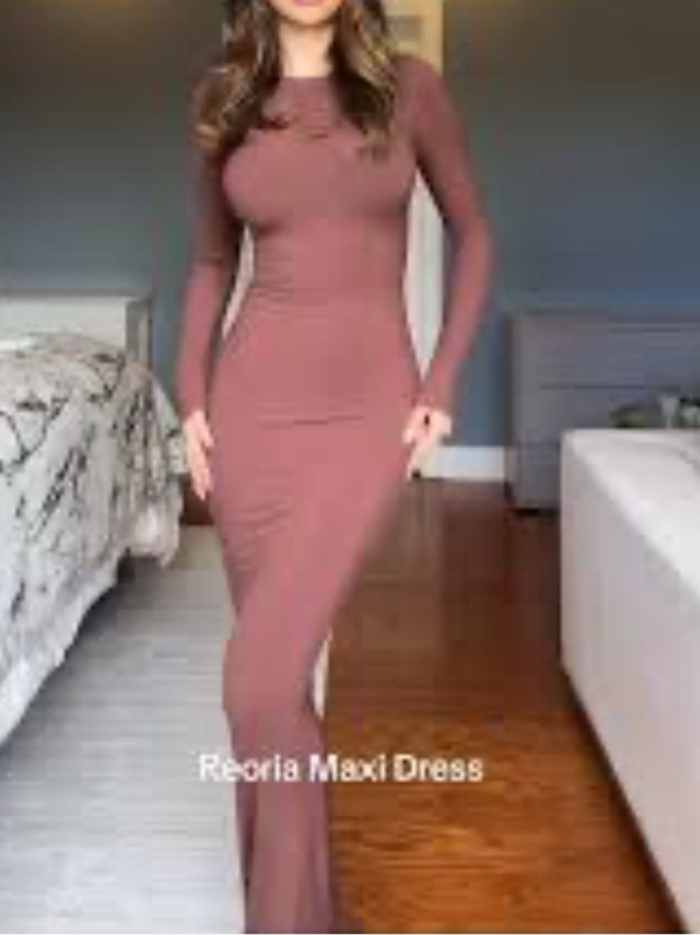 Reoria Long Sleeve Soft Ribbed Scoop Back Maxi Dress Brown XL New Party Holiday